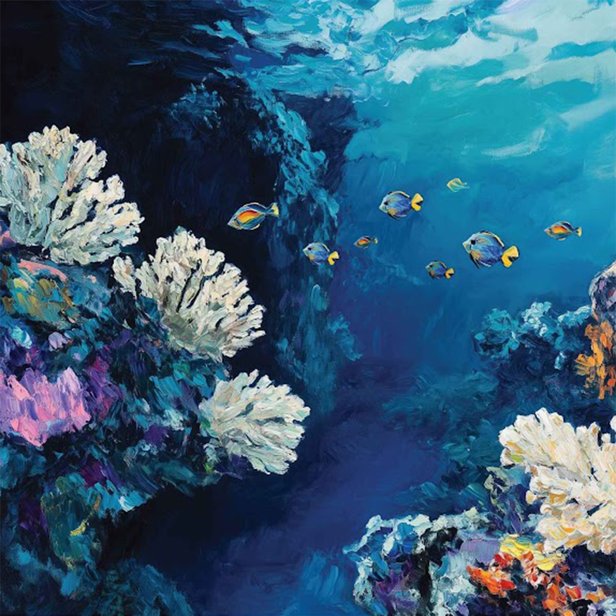 Close-up of a fiber paper featuring a playful ocean-themed design showcasing vibrant fish swimming through colorful coral reefs.