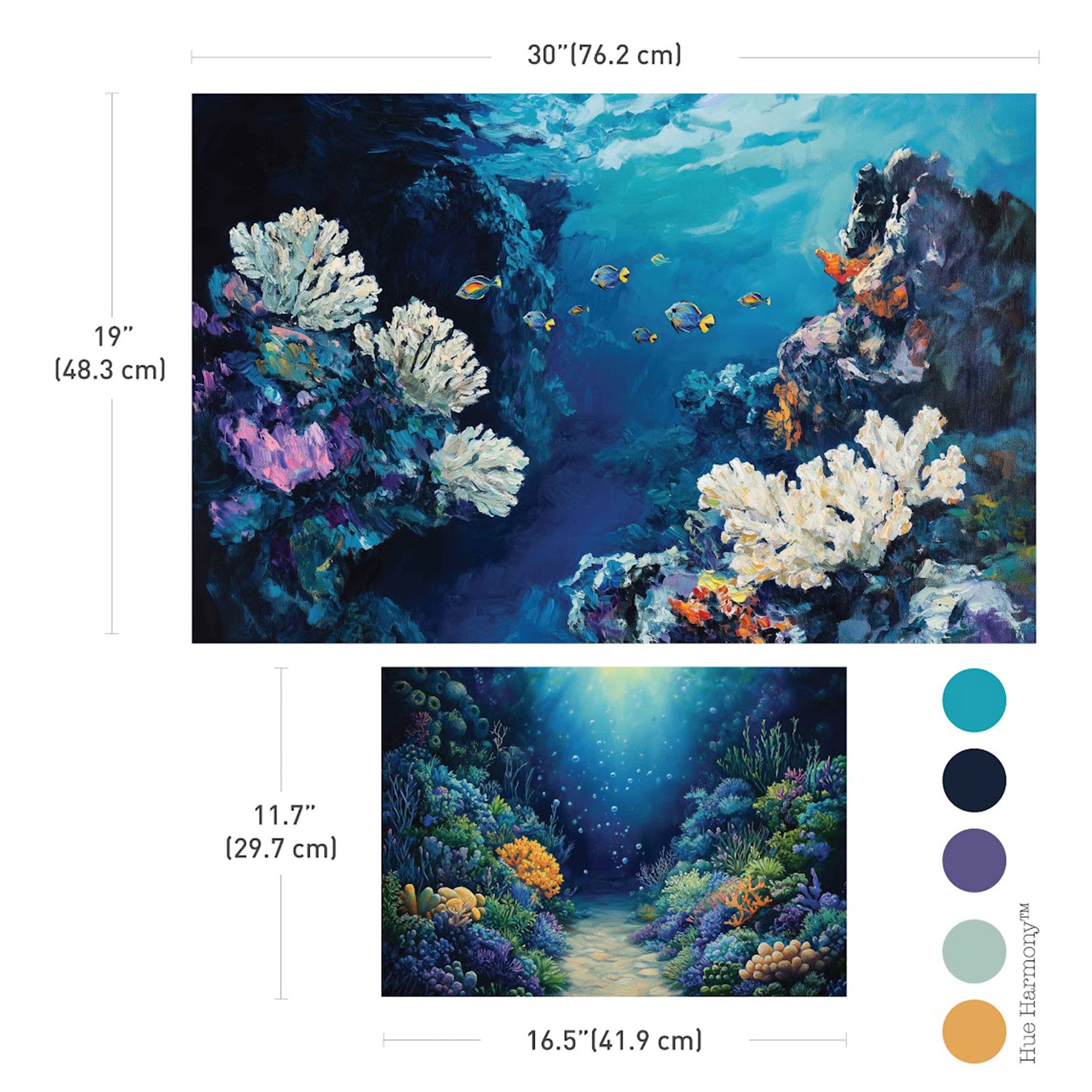 Two sheets of ReDesign with Prima's The Living Reef fiber paper are against a white background with 5 coordinating color samples. Measurements for the sheets are 30" (76.2 cm) x 19" (48.3 cm), and 11" (29.7 cm) x 16.5" (41.9 cm).