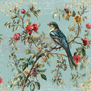 Decorative design with a bird on a branch surrounded by flowers and leaves on a light blue background.