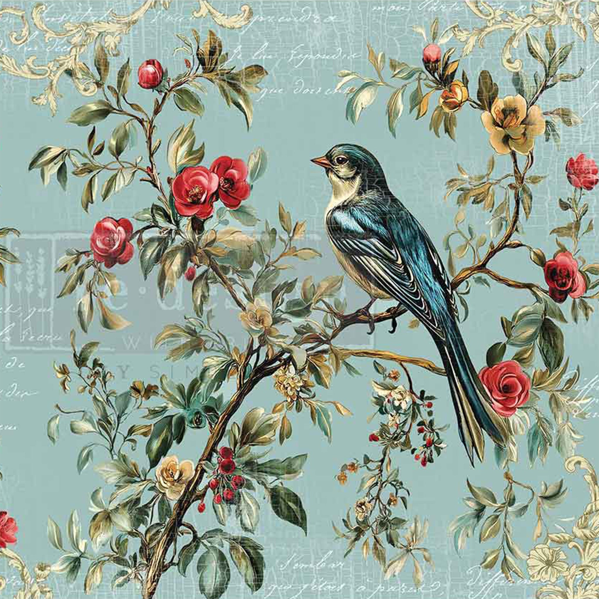Decorative design with a bird on a branch surrounded by flowers and leaves on a light blue background.