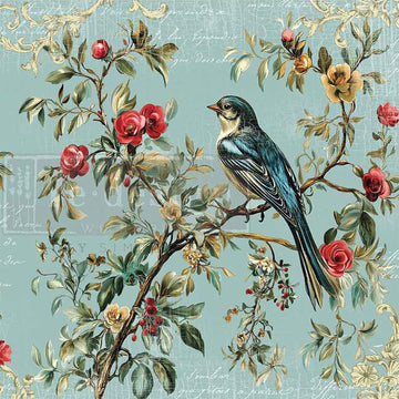 Decorative design with a bird on a branch surrounded by flowers and leaves on a light blue background.