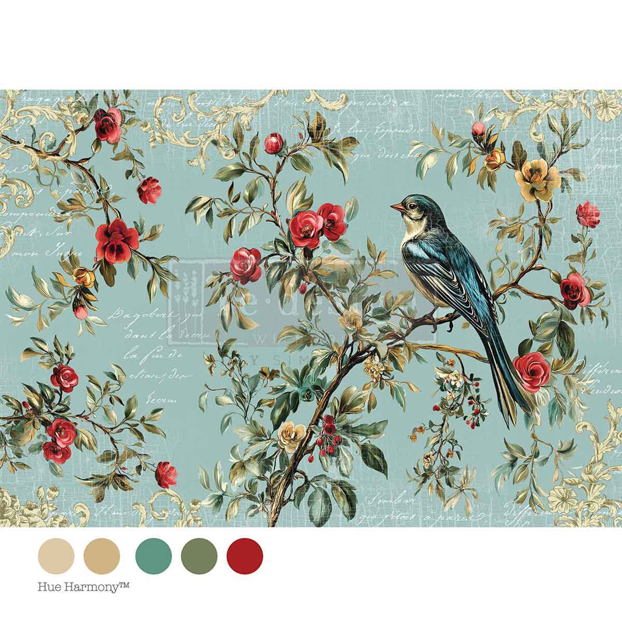Vintage-style illustration of a bird on a branch with flowers and leaves on a light blue background.