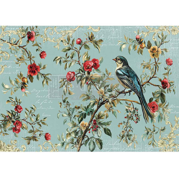 Decorative design with a bird on a branch surrounded by flowers and leaves on a light blue background.