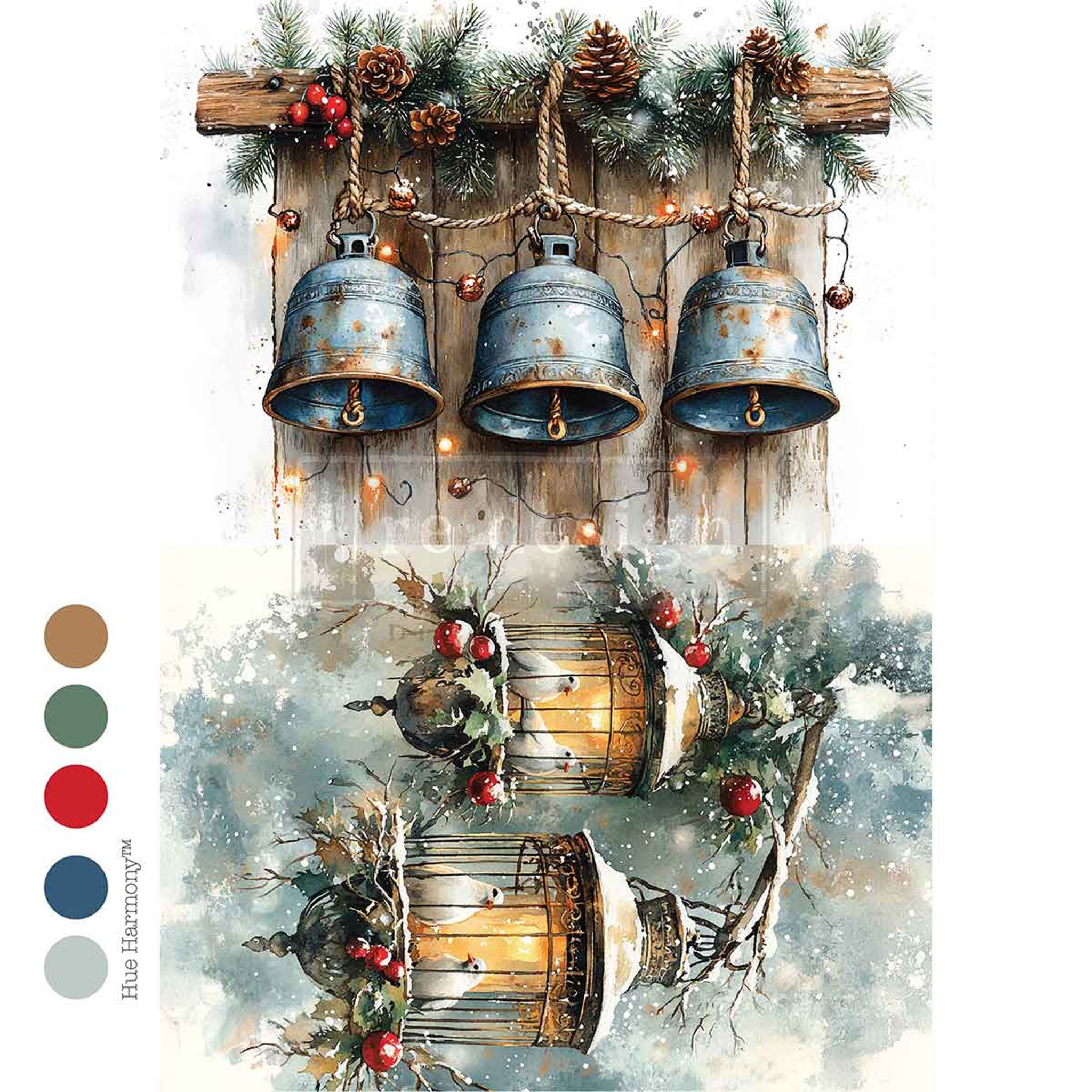 Decorative paper with rustic bells and lanterns on a wooden background.