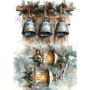 Decorative paper with rustic bells and lanterns on a wooden background.