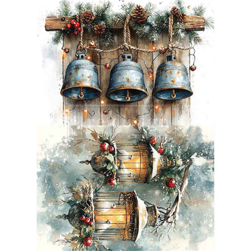 Decorative paper with rustic bells and lanterns on a wooden background.