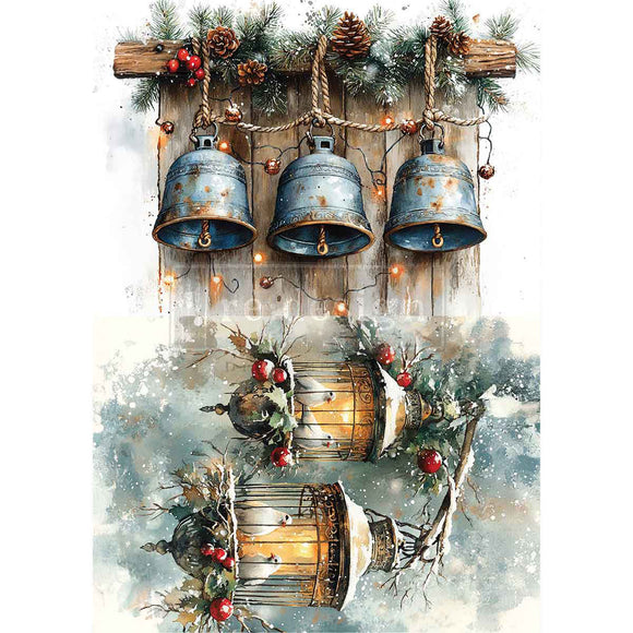Decorative paper with rustic bells and lanterns on a wooden background.