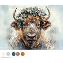 Image of a bull with a festive wreath in a snowy landscape, with color swatches below.