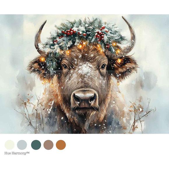 Image of a bull with a festive wreath in a snowy landscape, with color swatches below.