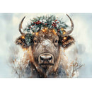 Image of a bull with a festive wreath on its head against a snowy background