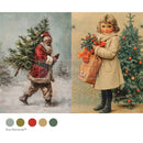 Two vintage-style Christmas scenes with Santa and a child, featuring color swatches below.