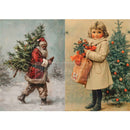 Two vintage-style Christmas images featuring Santa Claus and a child with a tree.
