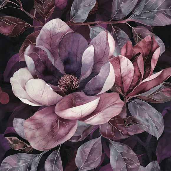 Close-up of an A1 fiber paper featuring delicate purple flowers and soft purple gray leaves against a rich dark background.