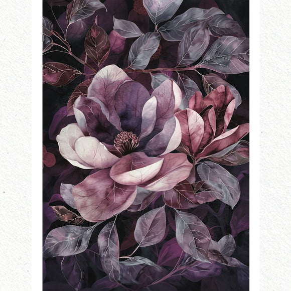A1 fiber paper featuring delicate purple flowers and soft purple gray leaves against a rich dark background. White borders are on the sides.