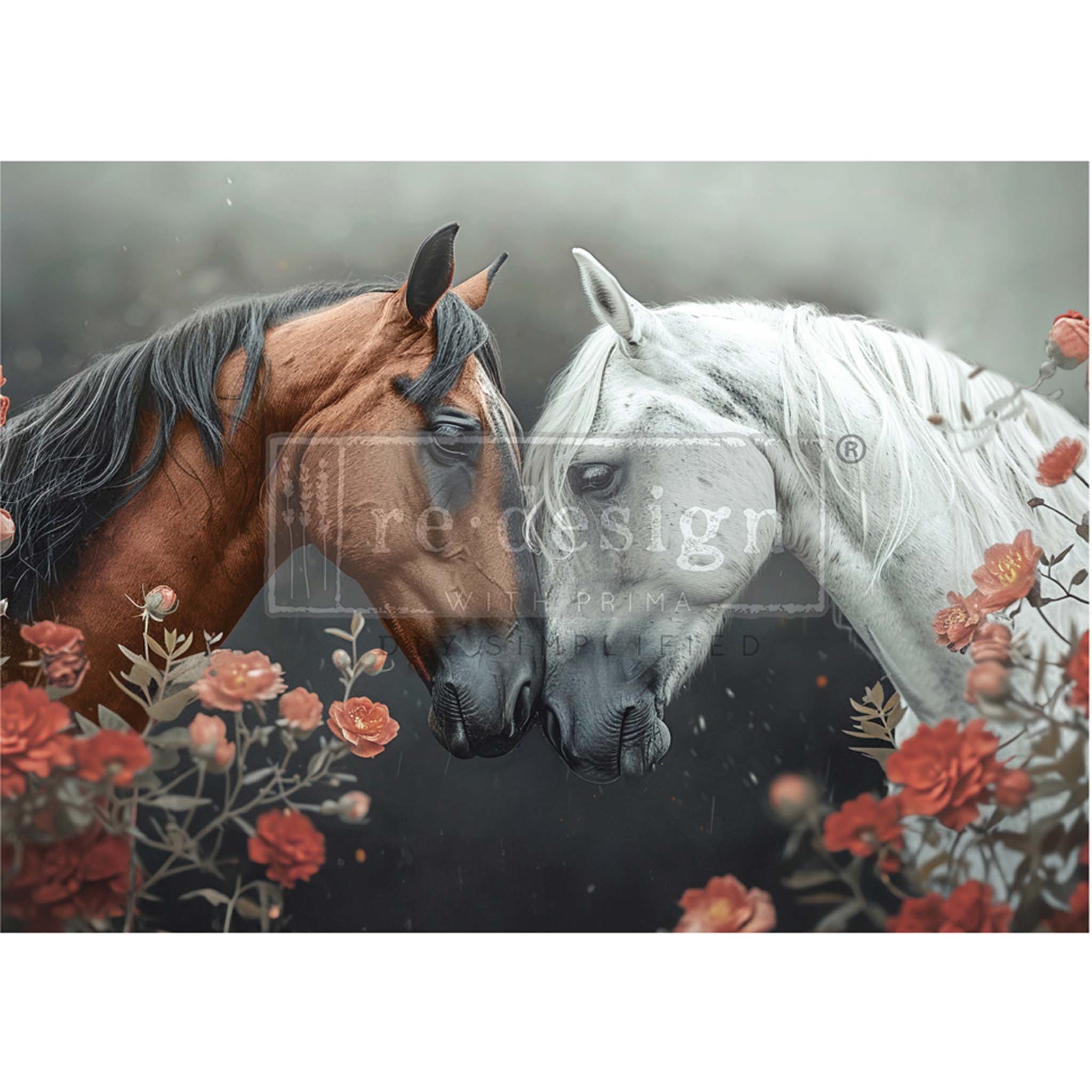 A1 fiber paper design that features a heartwarming scene of a brown and white horse nuzzling amidst beautiful pink flowers. White borders are on the top and bottom.