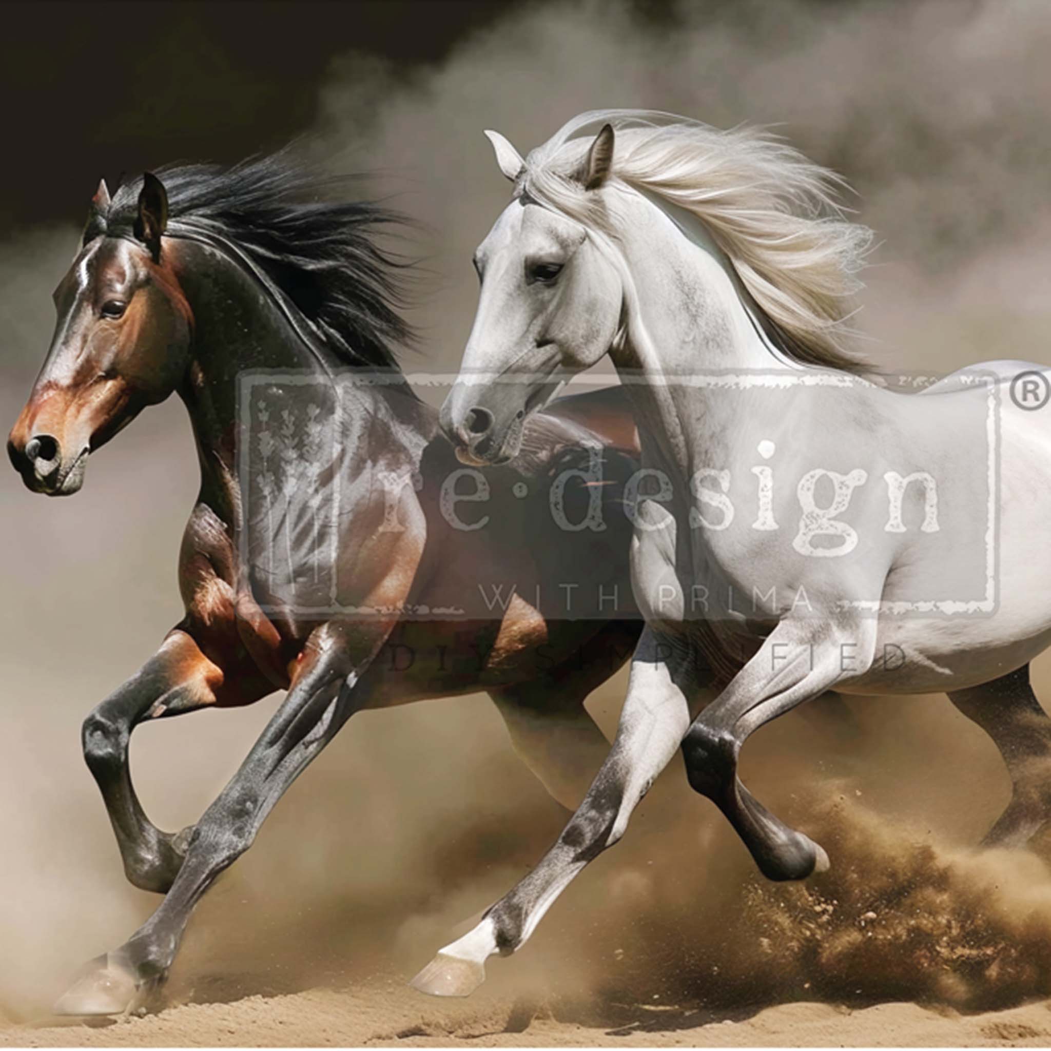 Close-up of an A1 fiber paper design that features a dynamic duo of a brown horse and a white horse galloping across a dusty plain.