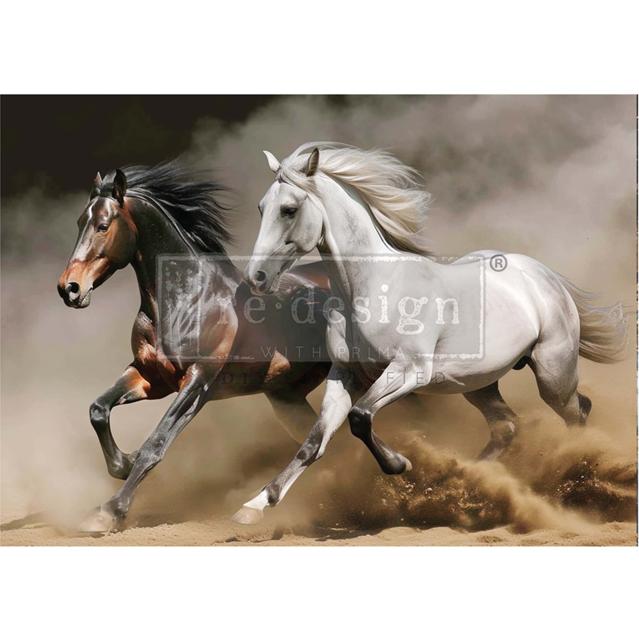 A1 fiber paper design that features a dynamic duo of a brown horse and a white horse galloping across a dusty plain. White borders are on the top and bottom.