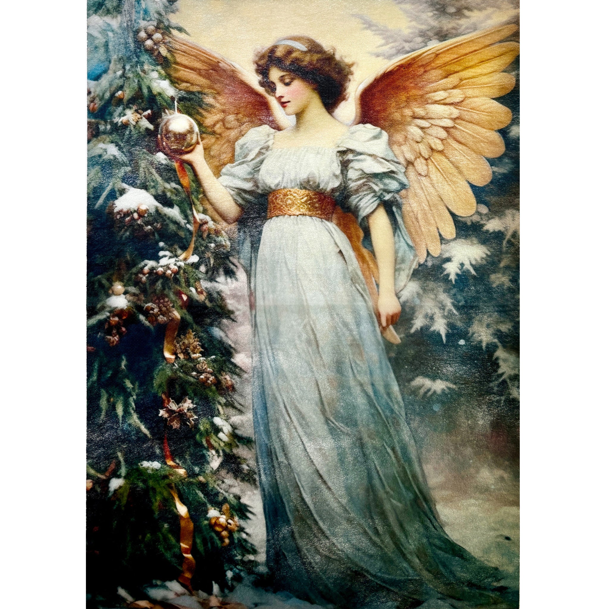 A3 fiber paper features a beautiful Victorian era angel holding an ornament on a Christmas tree. White borders are on the sides.