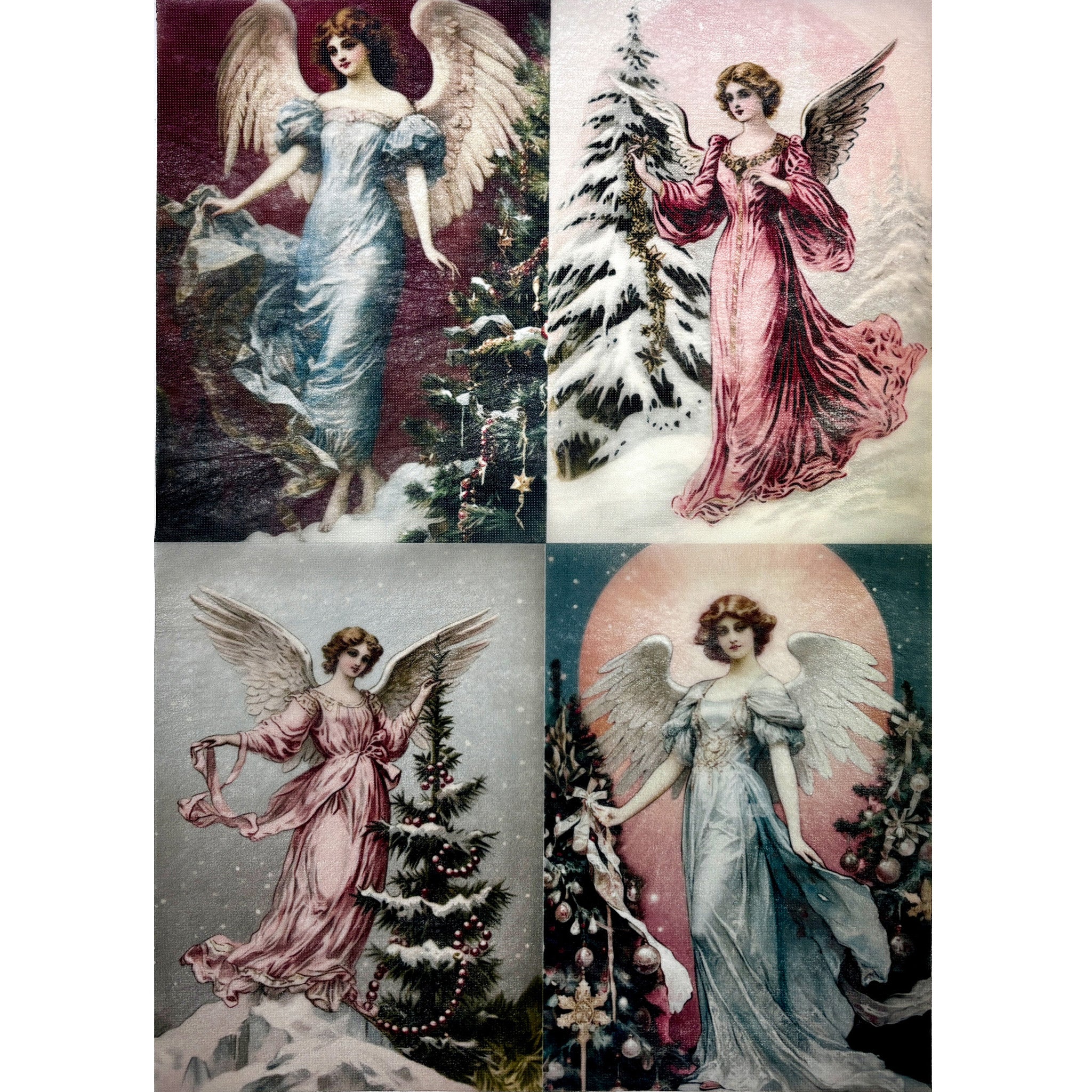 A3 fiber paper features 4 scenes of Victorian era angels with snow covered pine trees. White borders are on the sides.