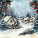 Winter village scene with snow-covered houses and trees, decorated with berries and pinecones.