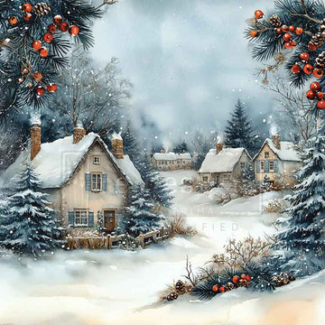 Winter village scene with snow-covered houses and trees, decorated with berries and pinecones.
