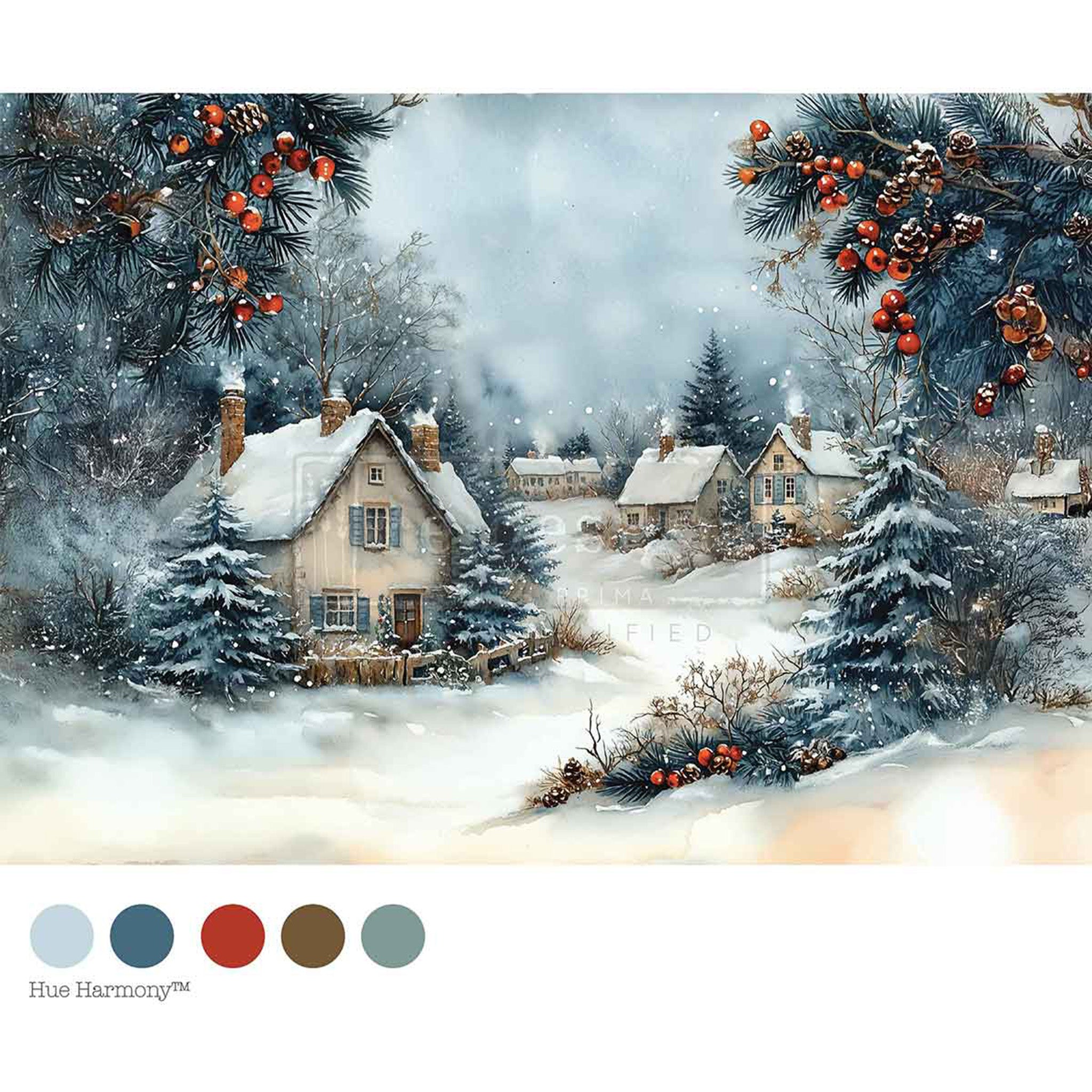 Winter scene with snow-covered houses and trees, featuring a color palette at the bottom.