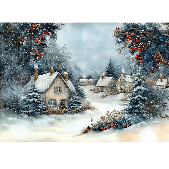 Winter village scene with snow-covered houses and trees, decorated with berries.