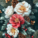 Decorative arrangement of flowers, pine cones, and leaves on a dark background