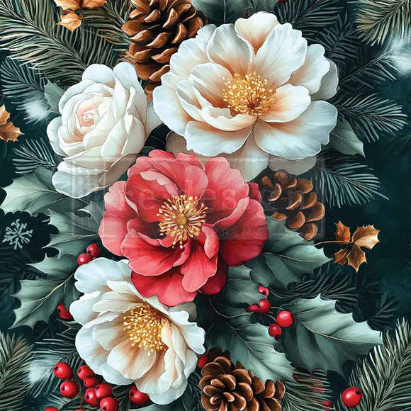 Decorative arrangement of flowers, pine cones, and leaves on a dark background