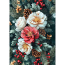 Decorative design with flowers, pine cones, and berries on a dark background