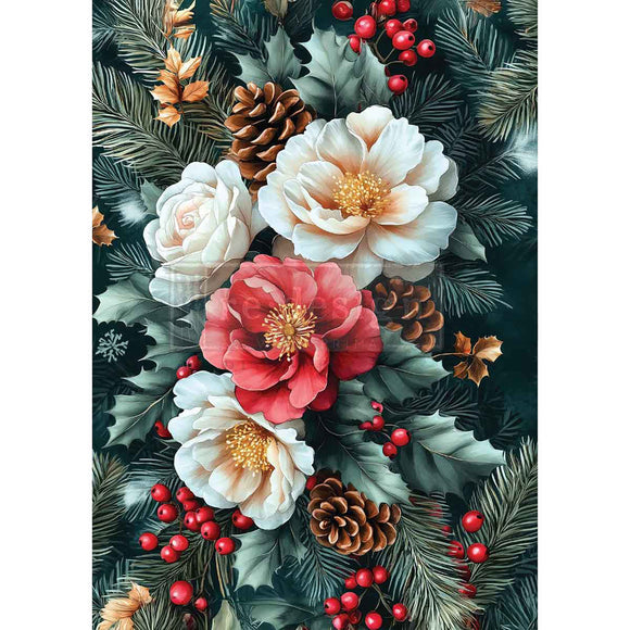 Decorative design with flowers, pine cones, and berries on a dark background