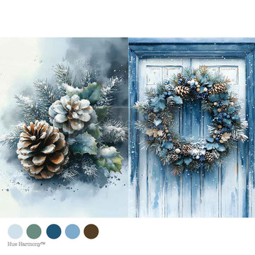 Decorative wreath with pinecones and winter elements on a blue door, with color swatches below.