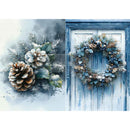 Decorative wreath with pinecones and winter elements on a blue door.