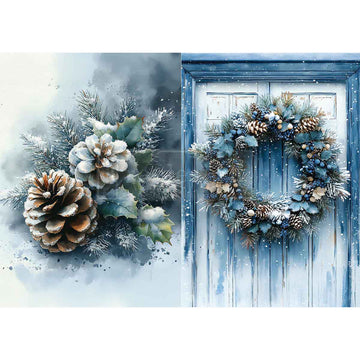 Decorative wreath with pinecones and winter elements on a blue door.