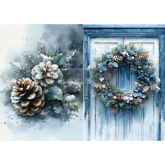 Decorative wreath with pinecones and winter elements on a blue door.