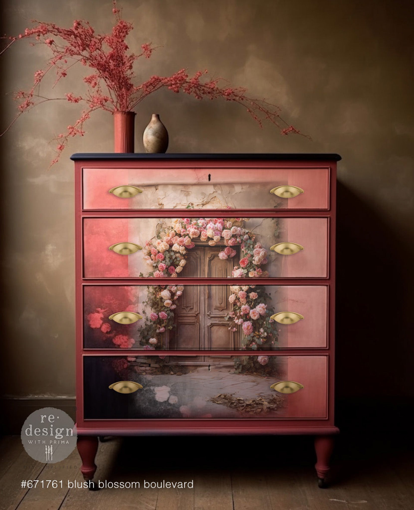 A vintage 4-drawer chest dresser is painted dark mauve pink and features ReDesign with Prima's Blush Blossom Boulevard tissue paper on the drawers.