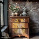 ReDesign with Prima Fields of Grace A3 fiber decoupage paper applied to dresser drawers for a vintage cottagecore furniture makeover