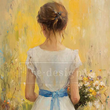 Fields of Grace A3 fiber decoupage paper by ReDesign with Prima, girl in white dress with blue sash holding wildflowers, golden background