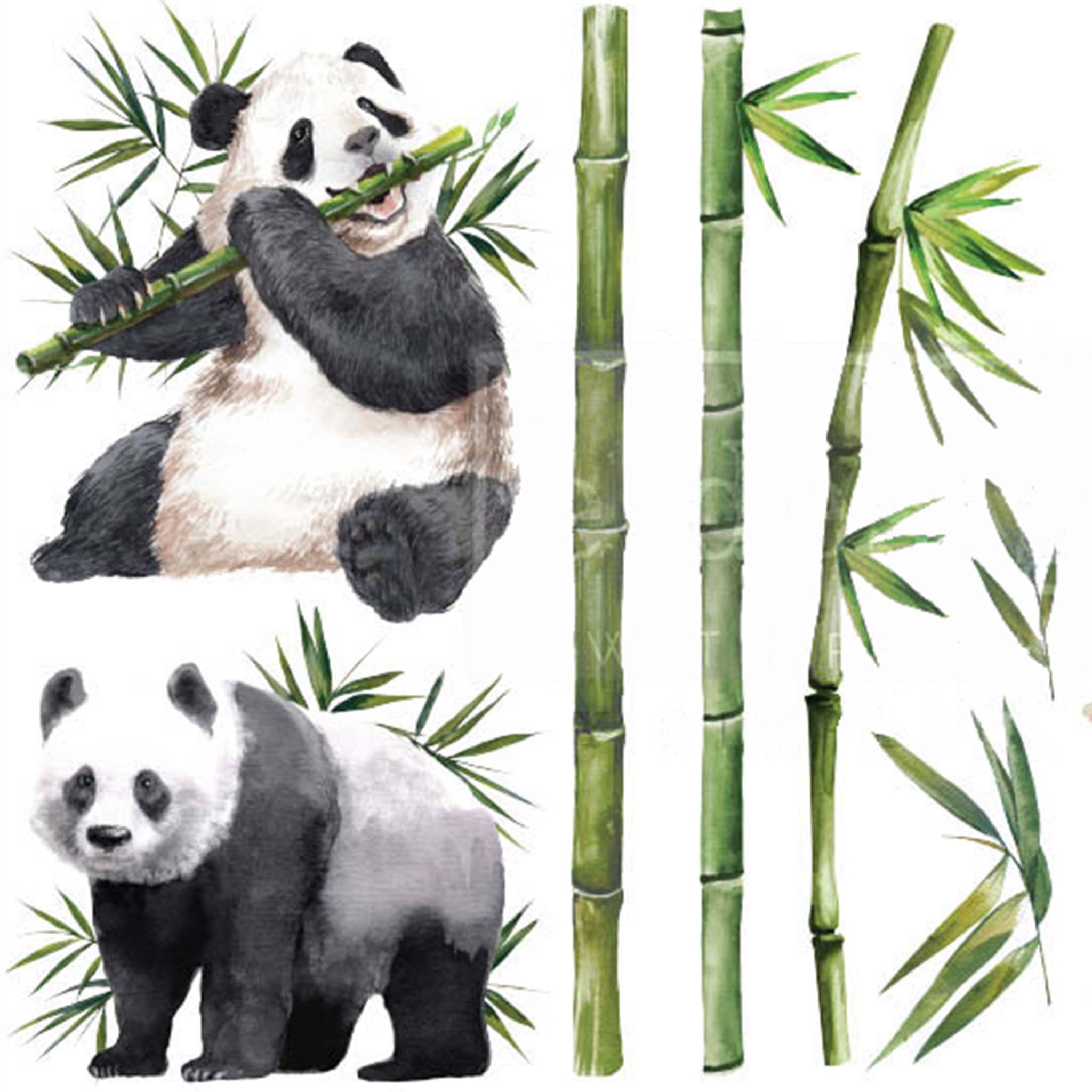 Close-up of small rub-on transfers featuring pandas, bamboo, and a pagoda are against a white background.