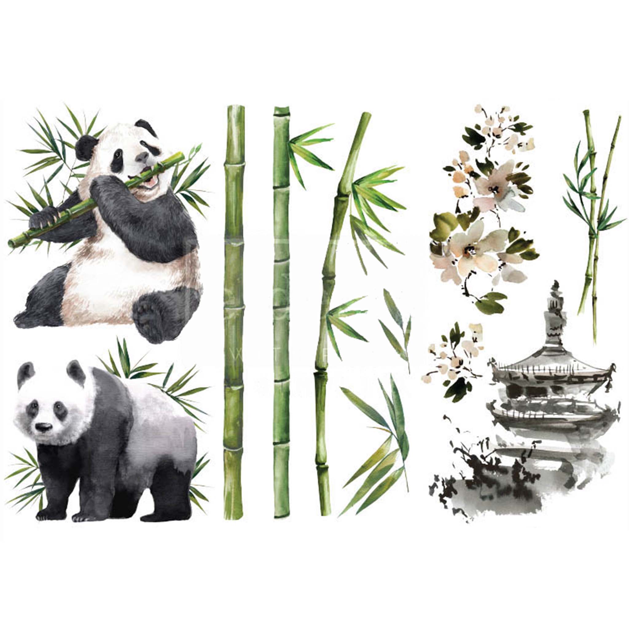 Small rub-on transfers featuring pandas, bamboo, and a pagoda are against a white background.