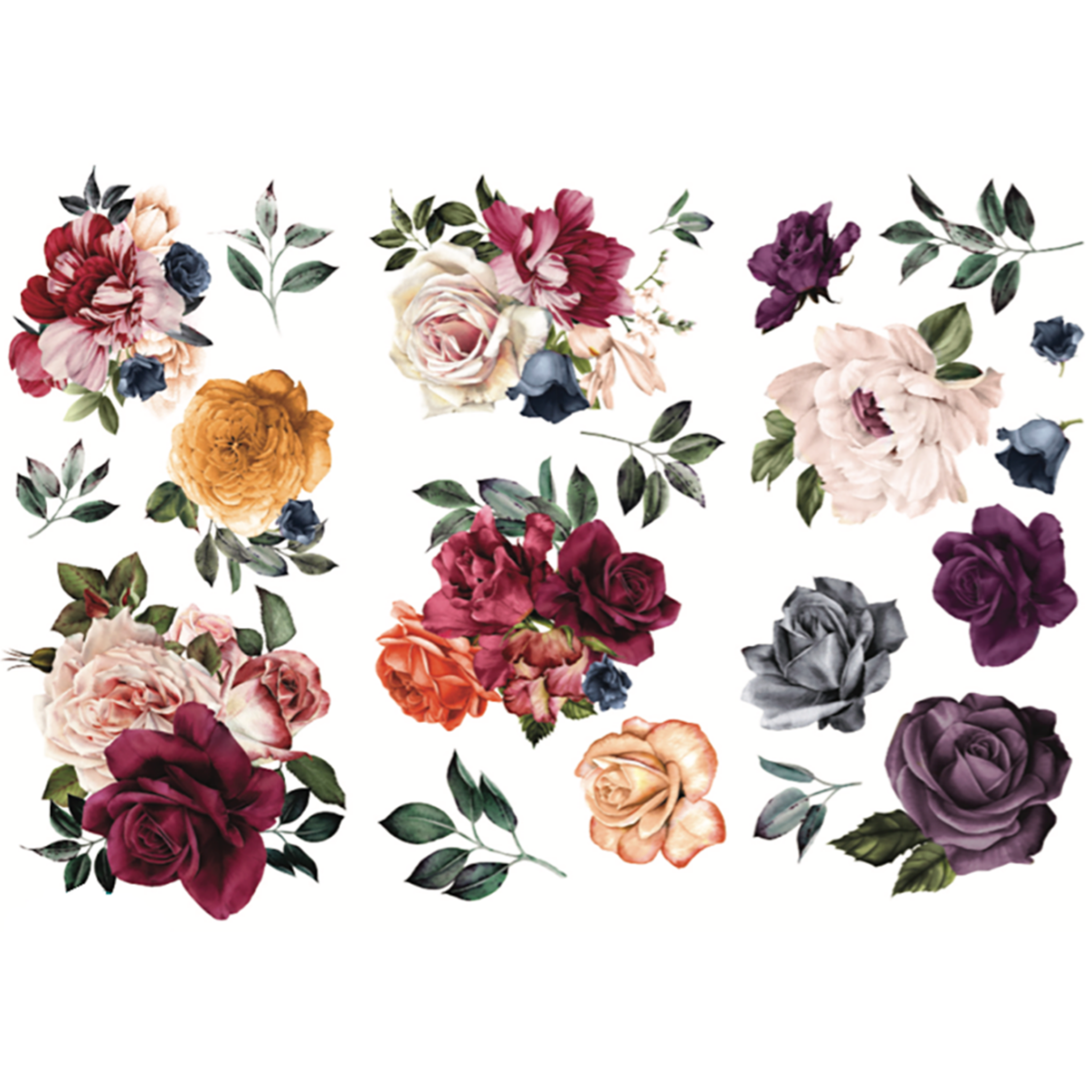 Rub on transfer that features clusters of fall flowers and single roses is against a white background.