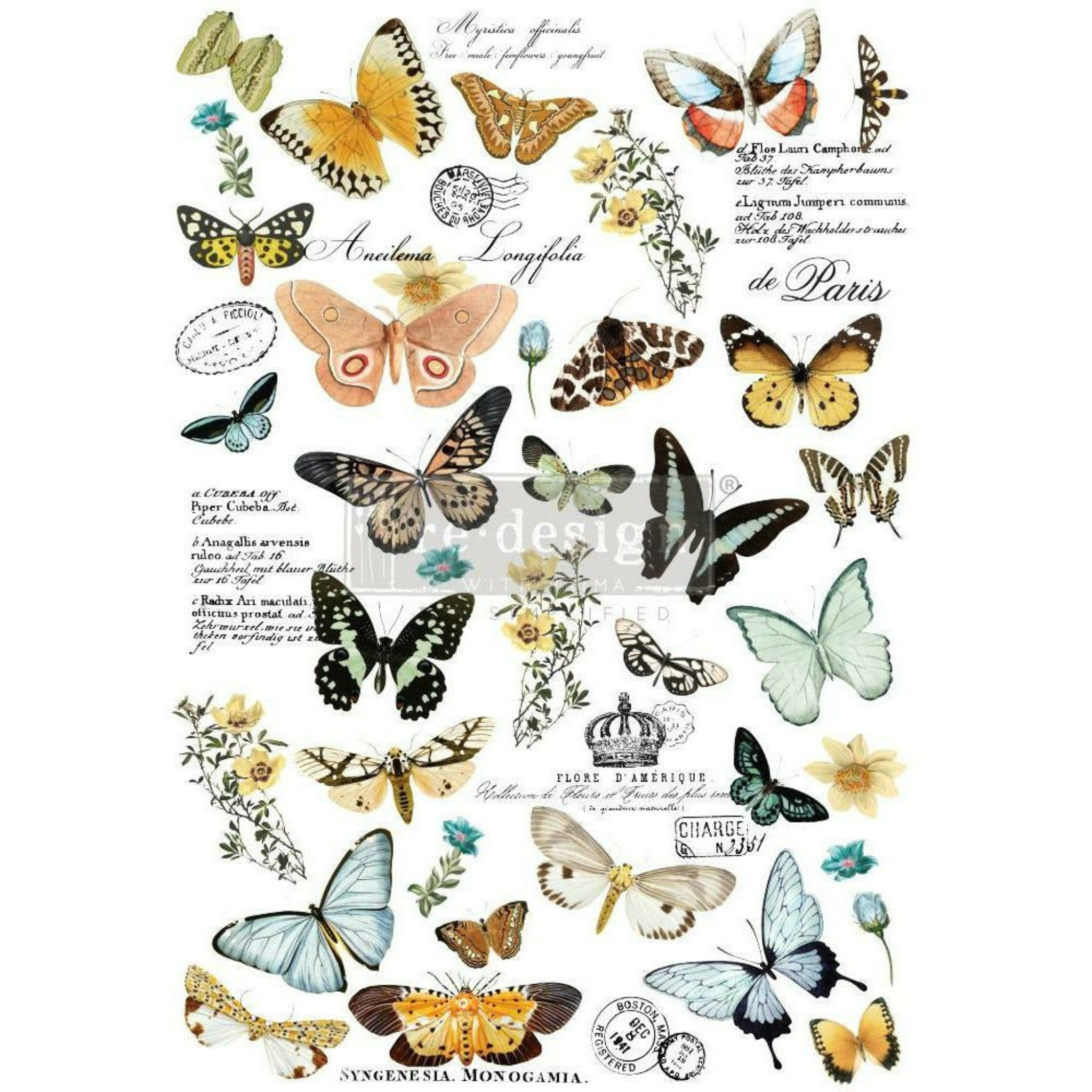 Rub on transfer featuring beautiful butterflies, postage stamps, and French script is against a white background.