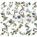 Closeup of Chirping Charm rub-on furniture transfer artwork with birds, blue florals, berries, and leafy vines