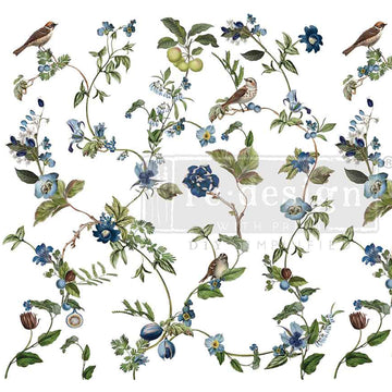 Closeup of Chirping Charm rub-on furniture transfer artwork with birds, blue florals, berries, and leafy vines