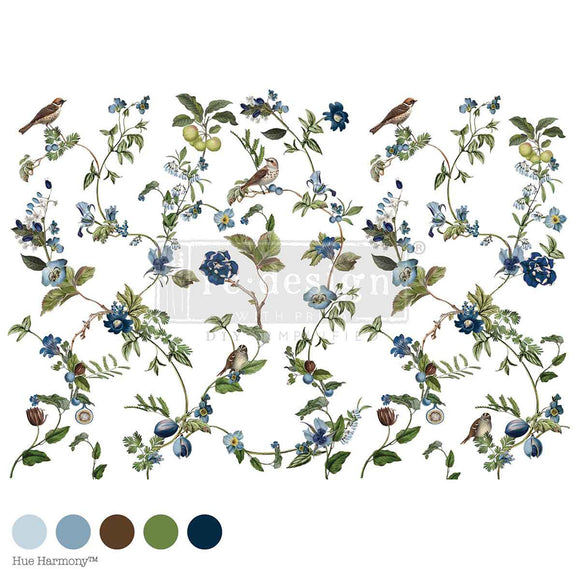 Chirping Charm furniture transfer color palette swatches in blues, greens, and navy for coordinating paint colors
