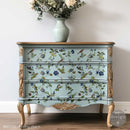 Chirping Charm furniture transfer across teal dresser drawers with birds and blue botanicals in cottagecore decor style