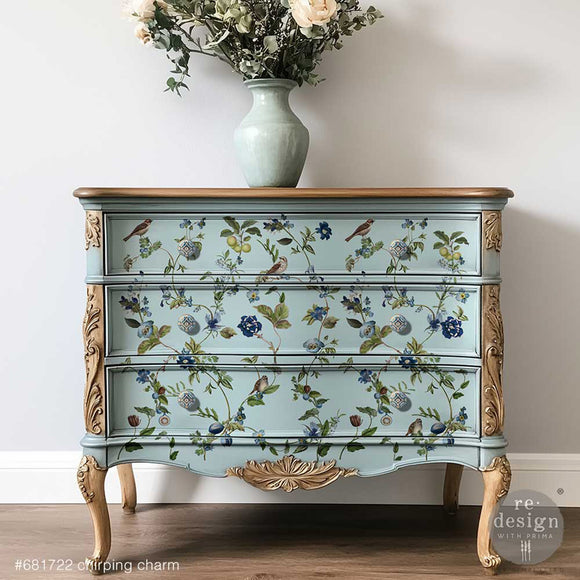 Chirping Charm furniture transfer across teal dresser drawers with birds and blue botanicals in cottagecore decor style