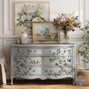 Chirping Charm furniture transfer on light gray dresser drawers with blue florals and birds for vintage decor makeover