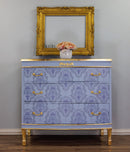 Blue and gold dresser makeover using ReDesign with Prima Dana Damask by KACHA 24x35 rub-on furniture transfer