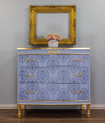 Blue and gold dresser makeover using ReDesign with Prima Dana Damask by KACHA 24x35 rub-on furniture transfer